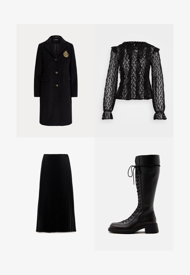 Manteau long en laine noire avec des boutons dorés et un blason brodé en or sur la poitrine gauche, avec un col cranté et des poches avec rabats.; Haut en dentelle noire à manches longues avec une coupe ajustée, des détails volantés aux épaules et aux poignets, et un motif floral texturé tout au long.; Jupe plissée noire avec une taille ajustée et un design longueur sol. Fabriquée en tissu léger avec une texture lisse.; Grande botte noire en cuir à lacets avec un petit talon bloc et un bout arrondi vue de côté sur fond blanc.