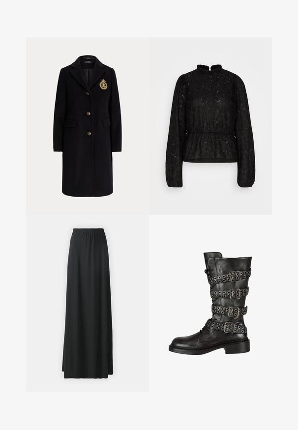 Manteau long en laine noire avec des boutons dorés et un blason brodé en or sur la poitrine gauche, avec un col cranté et des poches avec rabats.; PIECES Tall PCJANESSA - T-shirt à manches longues - black; Jupe maxi noire en tissu doux et extensible avec une taille élastique, présentant une silhouette fluide en A.; Botte en cuir noir jusqu'au genou avec plusieurs boucles en argent et œillets, présentant un bout rond et un petit talon en bloc. Fini texturé.