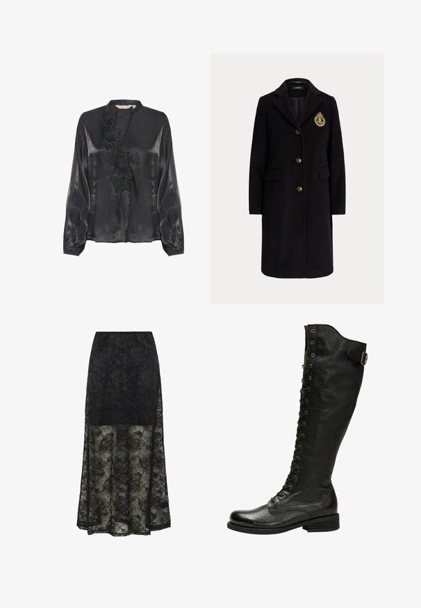 Abrigo largo negro de lana con botones dorados y un escudo bordado en dorado en el pecho izquierdo, con cuello con muesca y bolsillos con solapa.; Culture CUFIOLA - Blusa - black; Falda larga de encaje negro con patrón floral y mitad inferior transparente. La cinturilla elástica y la sección superior sólida ofrecen una textura y diseño contrastante.; Bota de cuero negro hasta la rodilla con cordones en el frente, ojales de plata y hebilla lateral. Presenta un acabado texturizado y tacón apilado.