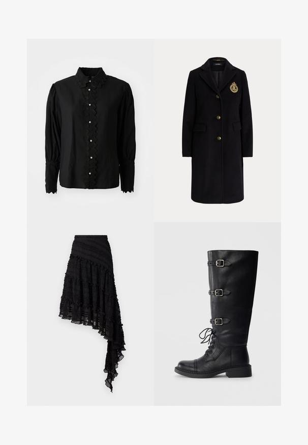 Abrigo largo negro de lana con botones dorados y un escudo bordado en dorado en el pecho izquierdo, con cuello con muesca y bolsillos con solapa.; Blusa negra de manga larga con cuello scalloped y placket de botones con acentos de perlas. Fabricada en un tejido ligero con un detalle texturizado.; Falda asimétrica negra con pliegues texturizados, volantes en capas y cinturilla fruncida. Tejido ligero con un acabado translúcido.; Bota de cuero negro hasta la rodilla con cordones en la parte frontal, tres detalles de hebilla, punta redondeada y tacón bajo tipo bloque. Textura lisa con acabado mate.