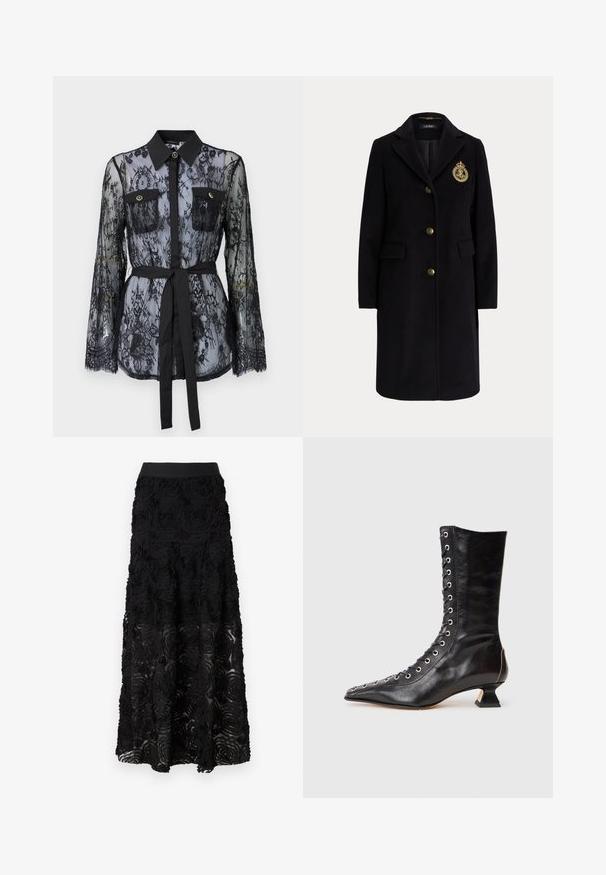 Zwarte lange wollen jas met gouden knopen en een goud geborduurd wapen op de linkerborst, met een reverskraag en klepzakken.; Zwarte kanten blouse met lange mouwen, knoopzakken op de borst, een klassieke kraag en een stoffen riem die op de taille is gestrikt. Doorzichtige uitstraling.; Maje JOSINO - Maxirok - noir; Zwarte leren enkelboot met spitse neus, voorlacing, metalen oogjes, lage blokhak en een strakke uitstraling. Gladde textuur, moderne silhouette.