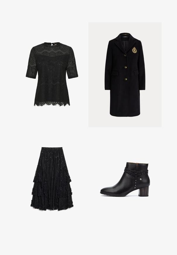 Manteau long en laine noire avec des boutons dorés et un blason brodé en or sur la poitrine gauche, avec un col cranté et des poches avec rabats.; Top en dentelle noire à manches courtes. Présente des motifs floraux complexes, un ourlet festonné et une fermeture en trou de serrure au dos. Texture semi-transparente.; Jupe noire à couches en dentelle texturée, présentant des volants avec une finition effilochée et des paillettes éparpillées pour plus de détails.; Pikolinos CALAFAT - Boots à talons - black
