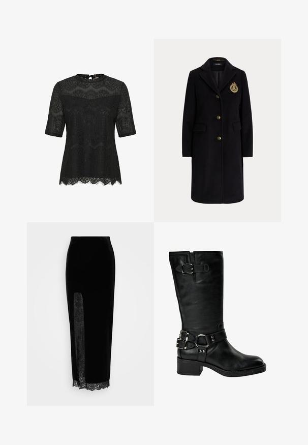 Sort lang uldfrakke med guldknapper og et guldbroderet våbenskjold på venstre bryst, med en hakket krave og klaplommer.; Sort blonde top med korte ærmer. Har indviklede blomster mønstre, en scalloped kant og en nøglehul bagside lukning. Halv-gennemsigtig tekstur.; Sort fløjlsskirt med et gennemsigtigt blonderpanel på den ene side, en slids og blondekant i kanten. Skræddersyet design med en glat tekstur.; Sort midtkalv læderstøvle med lav blokhæl, to sølvspænder ved anklen, et spænde nær toppen og rem med metalringdetalje.