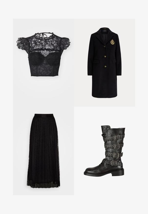 Zwarte lange wollen jas met gouden knopen en een goud geborduurd wapen op de linkerborst, met een reverskraag en klepzakken.; LASCANA Blouse - black; Zwarte maxi rok van kant met een gestructureerd patroon, voorzien van een gladde tailleband en een gelaagd, vloeiend ontwerp.; Zwarte leren kniehoge laars met meerdere zilveren gespen en ogen, met een ronde neus en een lage blokhak. Gelaagde afwerking.