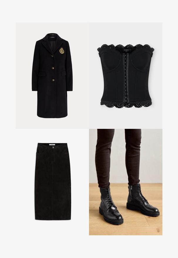Manteau long en laine noire avec des boutons dorés et un blason brodé en or sur la poitrine gauche, avec un col cranté et des poches avec rabats.; Corset noir sans bretelles avec fermeture à crochets à l'avant, bonnets moulés et bordure en dentelle festonnée en haut et en bas.; Jupe crayon en suède noir avec une texture lisse, dotée de cinq poches, d'une fermeture à bouton sur le devant et d'une coupe droite.; Bottines en cuir noir avec des détails de brogue, un laçage à l'avant, des fermetures éclair sur les côtés et des semelles en caoutchouc texturé. Associées à un pantalon slim noir.