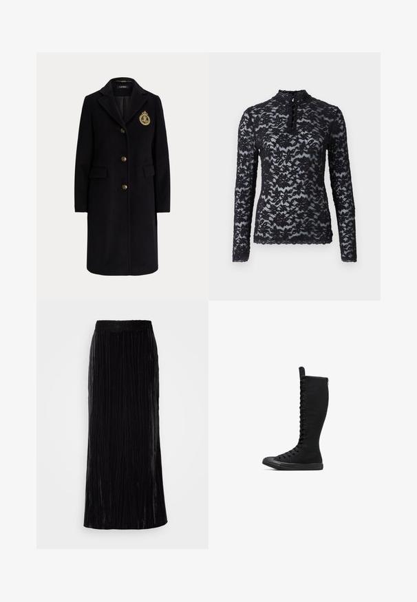 Zwarte lange wollen jas met gouden knopen en een goud geborduurd wapen op de linkerborst, met een reverskraag en klepzakken.; Rosemunde Longsleeve - black; Zwarte fluwelen maxirok met verticale plooien en een golvende kant tailleband. De stof heeft een zachte, gestructureerde uitstraling.; Zwart hoge canvas boots met een afgeronde neus, ritssluiting en veters aan de voorkant. Kenmerkt zich door een gestructureerd oppervlak en rubberen zool.