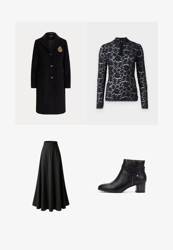 Manteau long en laine noire avec des boutons dorés et un blason brodé en or sur la poitrine gauche, avec un col cranté et des poches avec rabats.; Rosemunde T-shirt à manches longues - black; Longue jupe noire taille haute avec un large ourlet évasé et un tissu lisse, affichée sur fond blanc.; Pikolinos CALAFAT - Boots à talons - black