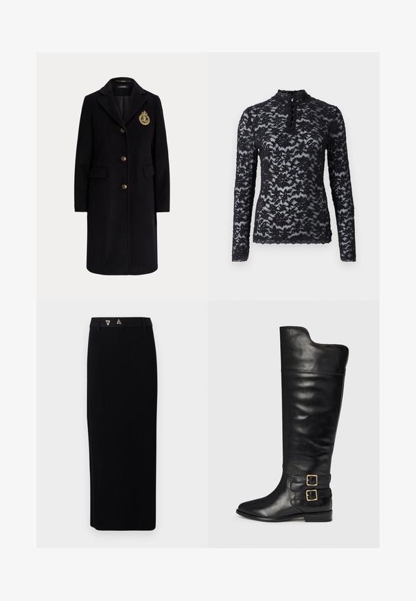 Abrigo largo negro de lana con botones dorados y un escudo bordado en dorado en el pecho izquierdo, con cuello con muesca y bolsillos con solapa.; Rosemunde Camiseta de manga larga - black; AERON FORUM - Falda de tubo - black; Botas de cuero negras hasta la rodilla con un acabado suave, punta afilada y dos hebillas en el lado exterior. Diseño de tacón plano.