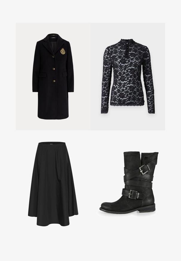 Sort lang uldfrakke med guldknapper og et guldbroderet våbenskjold på venstre bryst, med en hakket krave og klaplommer.; Rosemunde Langærmet T-shirt - black; Sort knælang nederdel med elastisk talje, der har plisseringer for volumen og en glat tekstur. Enkel, klassisk design uden udsmykninger.; Sort læder ankelstøvle med dekorative stropper og spænder. Slidt tekstur med en rund tå og lav stabelhæll.