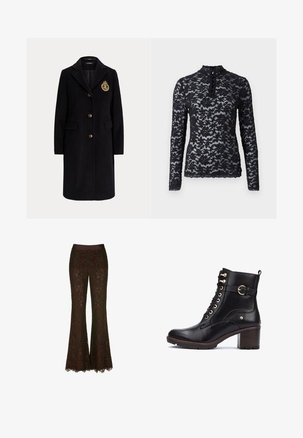 Abrigo largo negro de lana con botones dorados y un escudo bordado en dorado en el pecho izquierdo, con cuello con muesca y bolsillos con solapa.; Rosemunde Camiseta de manga larga - black; Pantalones acampanados de encaje en un profundo color burdeos, con una suave cinturilla de satén y un delicado patrón de encaje floral, con detalles de dobladillo en forma de onda.; Botas de tobillo de cuero negro con herrajes dorados, punta redonda, diseño de cordones y un tacón grueso con acabado de madera. Presenta un acento de correa lateral.