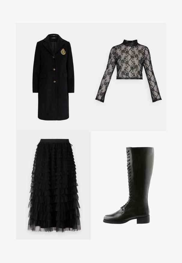 Zwarte lange wollen jas met gouden knopen en een goud geborduurd wapen op de linkerborst, met een reverskraag en klepzakken.; ONLY ONLHELENA HIGH NECK LACE - Longsleeve - black; Vero Moda VMNAJA Mid waist Long - Maxirok - black; Zwarte leren laarzen tot de knie met een vetersluiting aan de voorkant, ronde neus en blokhak, met een gladde textuur en geen zichtbare patronen.
