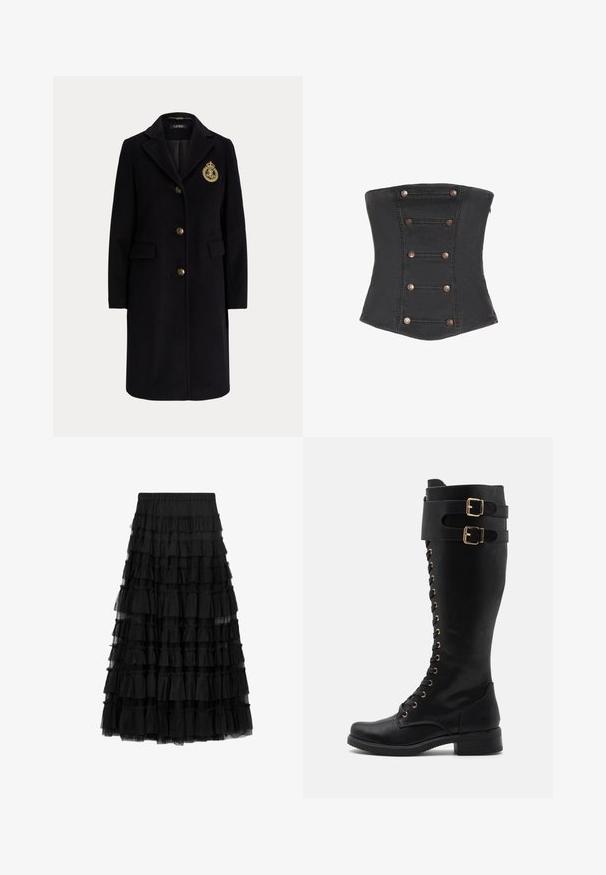 Manteau long en laine noire avec des boutons dorés et un blason brodé en or sur la poitrine gauche, avec un col cranté et des poches avec rabats.; Corset noir sans bretelles avec six paires de boutons décoratifs en cuivre disposés verticalement à l'avant.; Jupe noire à volants en tulle avec plusieurs couches froncées et une ceinture élastique, présentant une texture transparente et une longueur jusqu'aux genoux.; Bottes en cuir noires montantes avec des accents en métal doré, présentant un laçage à l'avant, deux courroies à boucle et un talon carré.