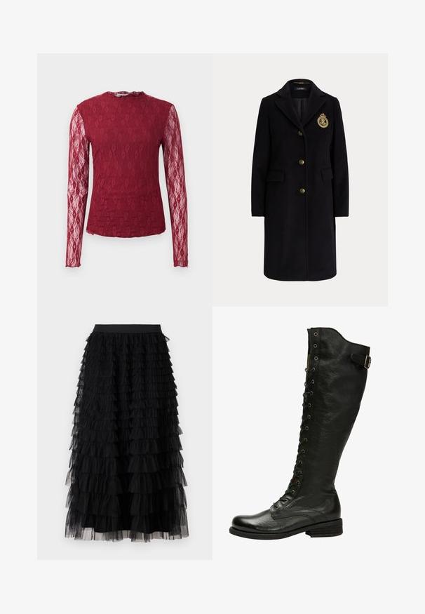 Sort lang uldfrakke med guldknapper og et guldbroderet våbenskjold på venstre bryst, med en hakket krave og klaplommer.; Langærmet bordeaux bluse med blonde, gennemsigtige ærmer, blomsterdesign og rund halsudskæring på en ensfarvet baggrund.; Vero Moda VMNAJA Mid waist Long - Maxinederdele - black; Sorte læder knæhøje støvler med snørebånd foran, sølvøjer og sidebælte. Har en tekstureret overflade og stablet hæl.