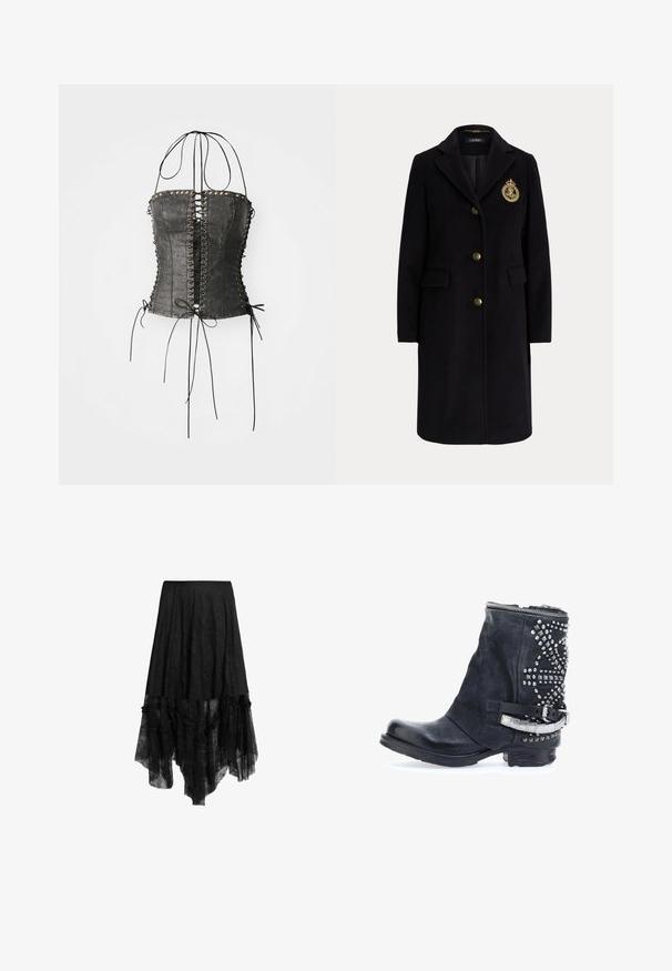 Sort lang uldfrakke med guldknapper og et guldbroderet våbenskjold på venstre bryst, med en hakket krave og klaplommer.; Jaded London LONGLINE LACE UP HALTER CORSET - Top - black; Sort høj-lav nederdel med gennemsigtig blondeoverdel og flæset kant, med en fitted linning og teksturerede stofdetaljer.; Sorte læder ankelstøvle med tekstureret overflade, sølvnitter på siden og en metalspænde-strop. Har en lynlåslukning øverst.