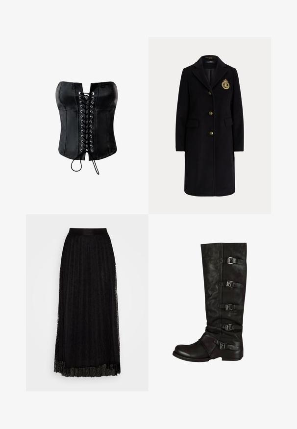 Manteau long en laine noire avec des boutons dorés et un blason brodé en or sur la poitrine gauche, avec un col cranté et des poches avec rabats.; Corset en satin noir avec une forme structurée, devant lacé avec des œillets argentés et une finition lisse. Dispose d'un décolleté droit sans bretelles.; Jupe maxi noire en dentelle avec un motif texturé, dotée d'une taille lisse et d'un design superposé et fluide.; Botte en cuir noir montante avec une finition texturée, un design ajusté et cinq sangles à boucle réglables sur le côté. Semelle plate.