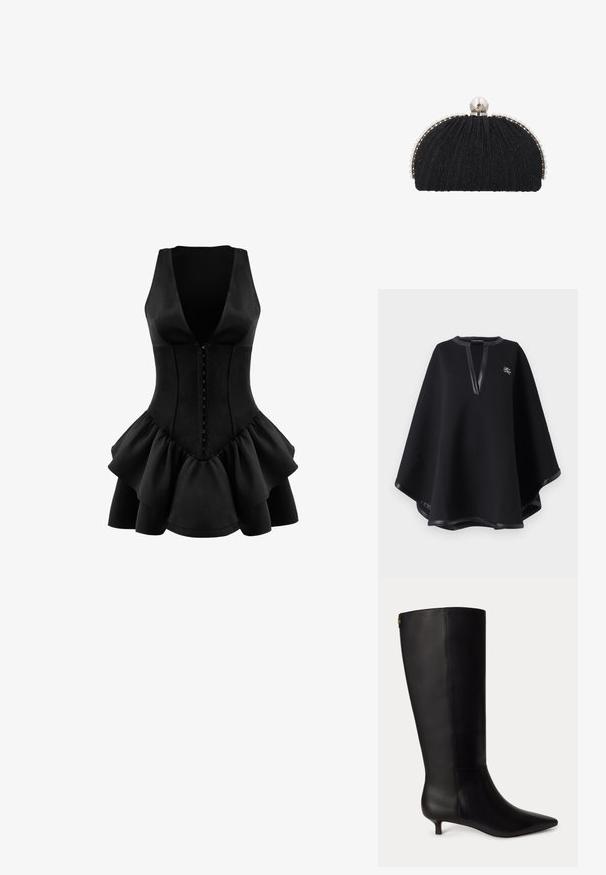 Sort poncho lavet af blødt stof med en dyb V-halsudskæring, der har pynt i kunstlæder og et broderet logo. Glat, tekstureret finish.; OW Collection AUGUSTA - Jerseykjole - black; Sort knæhøj læderstøvle med spids tå og lav kitten hæl, vist fra siden på en ensfarvet baggrund.; Sort aftenclutch med tekstureret stof, indrammet af en række små perler og en stor perle-lukning på toppen.