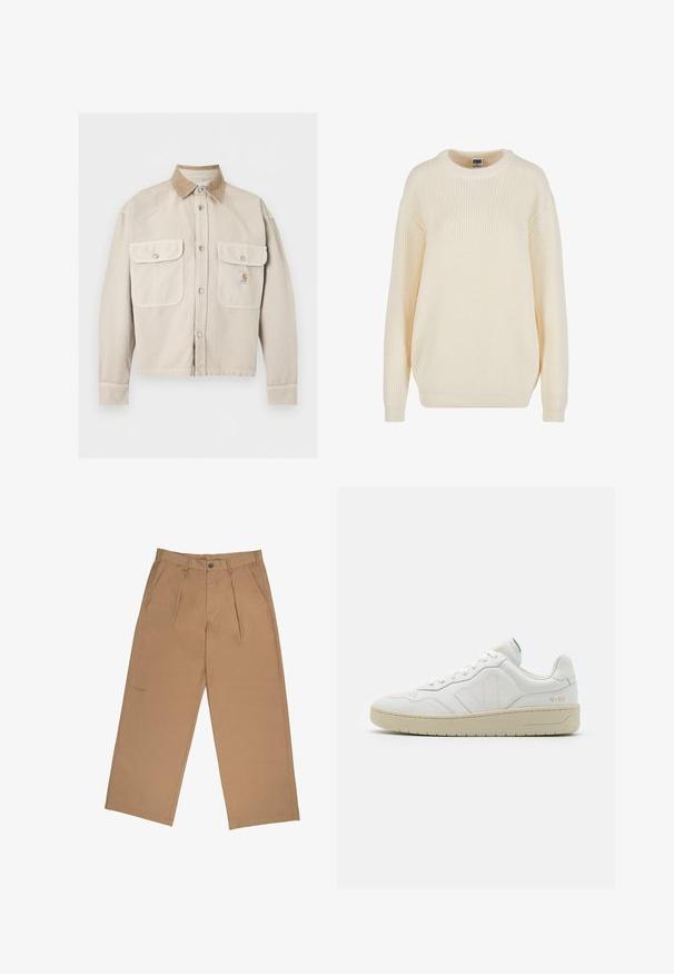 Beige knöpfbare Jacke mit zwei aufgesetzten Fronttaschen und einem kontrastierenden hellbraunen Kordkragen, mit einem kleinen Logopatch auf der rechten Tasche.; Cremfarbener gerippter Pulli mit rundem Ausschnitt, fallenden Schultern und lockerer Passform; zeichnet sich durch strukturiertes Strickmuster und gerippte Bündchen aus.; Helle Hose aus einem glatten Stoff, mit Falten, Knopfverschluss und einem gestickten Logo nahe dem Saum.; Weiße Leder-Sneaker mit strukturierter Oberfläche und gepolstertem Kragen. Sie verfügen über eine beigen Gummisohle und dezente Markenkennzeichnung an der Ferse und an der Seite.