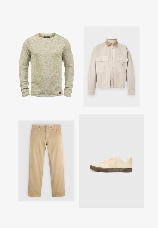 Veste beige à boutons avec deux poches à rabat à l’avant et un col en velours côtelé marron clair contrasté, avec un petit patch logo sur la poche droite.; Pull en tricot beige clair avec des manches longues, un col rond et une finition texturée. Il présente une petite étiquette en cuir marron sur l'ourlet.; Chinos kaki avec une coupe droite, dotés de deux poches avant et d'une taille avec passants de ceinture. Fabriqués en coton doux et durable.; Sneakers en toile beige avec bout rond, lacets plats et semelle en caoutchouc brun texturée. Présente un logo sur le côté et un design minimaliste.