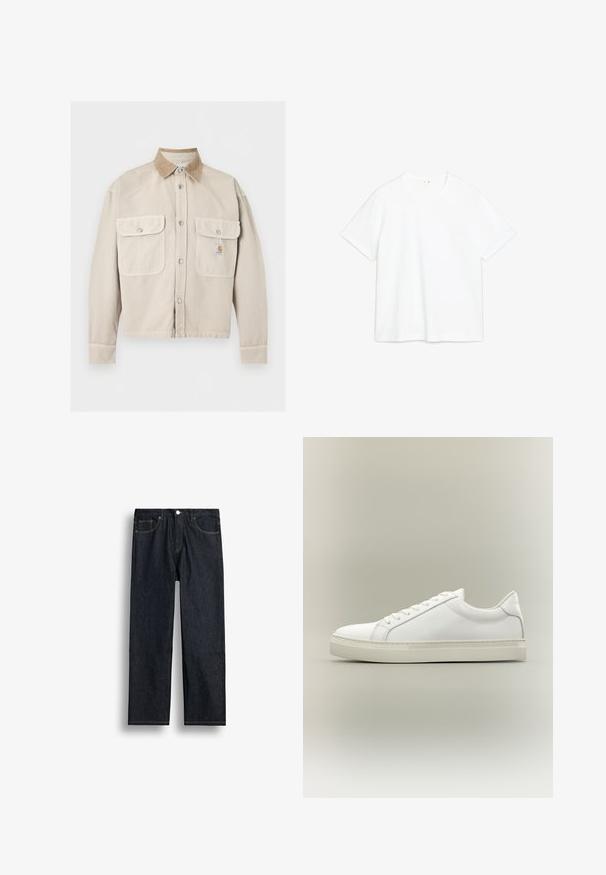 Beige jas met knopen, twee voorflapzakken en een contrasterende lichtbruine corduroy kraag, met een klein logo op de rechterzak.; Witte katoenen t-shirt met korte mouwen, ronde hals, rechte snit. Gladde textuur, geen zichtbare patronen of accenten. Eenvoudig en minimalistisch ontwerp.; Donkerblauwe recht gesneden spijkerbroek met voorvak, rits en ontwerp met vijf zakken op een witte achtergrond.; Witte lage sneaker met veters aan de voorkant en dikke zool, zijaanzicht tegen een neutrale achtergrond.