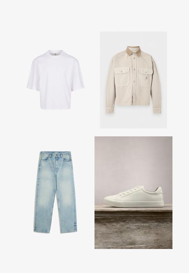 Beige jakke med knapper foran, med to forlommer med klap og en kontrastfuld lys brun kordfløjls krave, med et lille logo på højre lomme.; Hvid t-shirt med korte ærmer, der har en rund halsudskæring og en afslappet pasform, lavet af et glat bomuldsblandingsstof. Ingen mønstre eller udsmykninger.; Lyseblå jeans med lige ben og høj talje, foran knap, lynlås, bæltestropper og forlommer, vist fladt på hvid baggrund.; Hvide snørresneakers svævende over en træbænk med grønne planter i baggrunden, der fremhæver skodesign og tekstur.