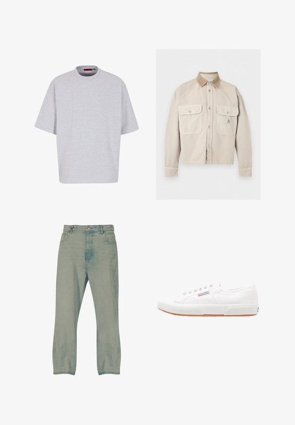 Beige jas met knopen, twee voorflapzakken en een contrasterende lichtbruine corduroy kraag, met een klein logo op de rechterzak.; Lichtgrijs oversized t-shirt, korte mouwen, ronde halslijn, gemaakt van zachte stof, heeft een rechte zoom zonder patronen of versieringen.; Lichtblauwe rechte jeans met knopen aan de voorkant, riemlussen en voorzakken, weergegeven tegen een witte achtergrond.; Witte canvas sneakers met een rubberen zool, vetersluiting en een klein logolabel aan de zijkant. Gewreven wit bovenwerk en een bruine zool.