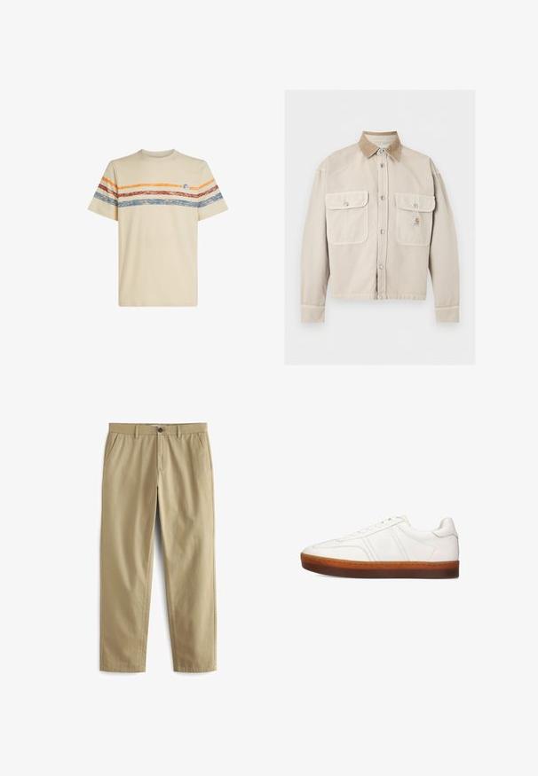 Beige jas met knopen, twee voorflapzakken en een contrasterende lichtbruine corduroy kraag, met een klein logo op de rechterzak.; Crème katoenen t-shirt met horizontale strepen in oranje, rood en blauw. Korte mouwen, ronde halslijn en een klein logo detail op de borst.; Beige broeken van een katoenmix, met een knoopsluiting, twee voorzakken en rechte pijpen met een minimale textuur.; Melvin & Hamilton ALFIE - Sneakers laag - white