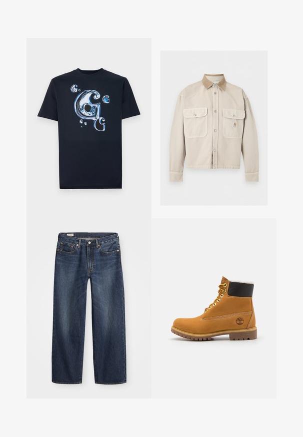Chaqueta beige con botones, dos bolsillos delanteros con solapa y un cuello de pana marrón claro en contraste, con un pequeño parche de logo en el bolsillo derecho.; Camiseta de algodón negra con una letra "G" en estilo metálico brillante y burbujas en tonos de azul. Tienes mangas cortas y un ajuste clásico.; Jeans de mezclilla azul oscuro con corte recto, diseño de cinco bolsillos, cierre de botón metálico y cremallera, y patrones sutiles de desgaste.; Botín de cuero marrón con ojales de metal, forro de piel sintética blanca, cuello acolchado negro, suela resistente y logotipo en relieve en el costado.