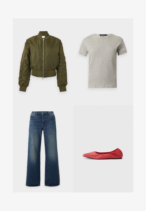 Veste bomber vert olive avec fermeture éclair à l'avant, col, poignets et ceinture côtelés, manches longues légèrement froncées.; T-shirt en coton gris clair à manches courtes et col rond avec une étiquette noire visible à l'intérieur du col indiquant "DENIM" et la taille "S."; Jean en denim bleu à jambes larges avec poches avant et zones décolorées sur les cuisses et les genoux sur un fond clair.; Filippa K REY FLATS - Ballerines - bright red