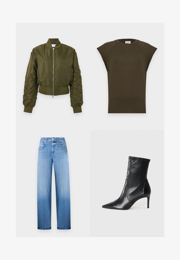 Veste bomber vert olive avec fermeture éclair à l'avant, col, poignets et ceinture côtelés, manches longues légèrement froncées.; Haut sans manches en maille vert olive foncé avec col rond et ourlet côtelé, présenté à plat sur un fond clair.; Jeans en denim bleu clair avec une coupe large, présentant un léger dégradé du clair au foncé au niveau de l'ourlet, un style à cinq poches et des passants de ceinture.; Bottes noires à la cheville en cuir lisse, dotées d'un bout pointu, d'un tige ajustée et d'un talon haut fin. Design minimaliste sans quincaillerie visible.