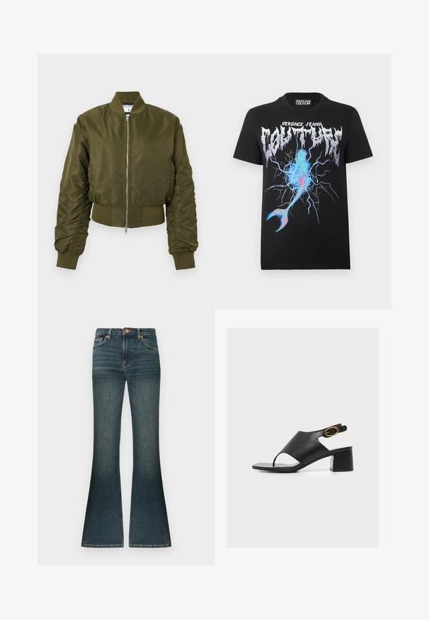 Olivgrüne Bomberjacke mit Frontreißverschluss, geripptem Kragen, Bündchen und Bund, mit leicht gerafften langen Ärmeln.; Schwarzes Versace Jeans Couture T-Shirt mit metallischem Logo und blauem, pinkem Blitzgrafik, die eine rissige Oberfläche und einen Meerjungfrauenflosse ähnelt.; Dunkelblaue, ausgestellte Jeans aus Denim mit dezenten hellen Verfärbungen, normaler Bundhöhe und klassischem Fünf-Taschen-Design. Akzente in kupferfarbener Hardware.; Schwarze Leder-Sandale mit offenem Zehenbereich, niedrigem Blockabsatz und Knöchelriemen mit goldener ovaler Schnalle, Seitenansicht vor weißem Hintergrund.