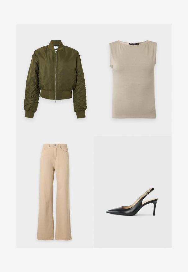 Veste bomber vert olive avec fermeture éclair à l'avant, col, poignets et ceinture côtelés, manches longues légèrement froncées.; Haut beige en coton sans manches avec larges bretelles et col rond, taille moyenne, posé à plat sur fond blanc.; Pantalon beige taille haute, jambes larges, fermeture à boutons devant, poches avant et arrière, présenté sur fond blanc.; Escarpins en cuir noir avec une pointe fine, une bride ajustable et un talon aiguille élégant, présentant une finition lisse.