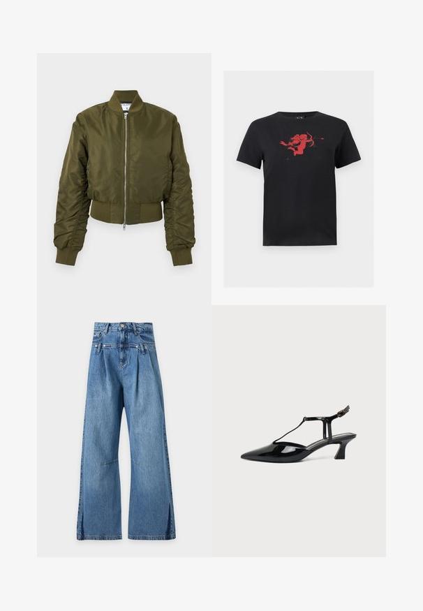 Veste bomber vert olive avec fermeture éclair à l'avant, col, poignets et ceinture côtelés, manches longues légèrement froncées.; T-shirt noir à manches courtes avec un graphisme rouge d'un cupidon tenant un arc et une flèche, centré sur la poitrine.; Jean bleu taille haute à jambes larges, avec des plis sous la ceinture et des surpiqûres horizontales discrètes au niveau des cuisses, présenté sur un fond uni.; Chaussure slingback en cuir verni noir à bout pointu avec bride en T et petit talon bloc incliné sur fond blanc.