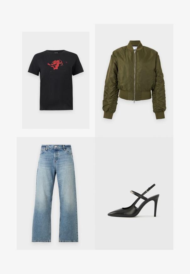 Veste bomber vert olive avec fermeture éclair à l'avant, col, poignets et ceinture côtelés, manches longues légèrement froncées.; T-shirt noir à manches courtes avec un graphisme rouge d'un cupidon tenant un arc et une flèche, centré sur la poitrine.; Jean droit bleu clair avec un lavage délavé et un design classique à cinq poches, bouton à l'avant et passants de ceinture.; Escarpins slingback en cuir noir avec bout pointu, design ajouré et bride ajustable ornée de ferrures métalliques.