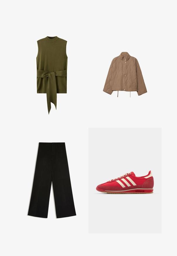 Veste matelassée beige avec col montant, fermeture à boutons-pression, poches latérales et cordons ajustables à l'ourlet.; Haut sans manches en maille vert olive avec col montant et large ceinture nouée à la taille.; Pantalon noir à jambes larges avec passants de ceinture, fermeture devant par bouton et zip, posé à plat sur fond blanc.; Baskets de sport rouges avec un dessus texturé, trois bandes blanches, bout rond et semelle en caoutchouc avec des détails de logo sur le côté.