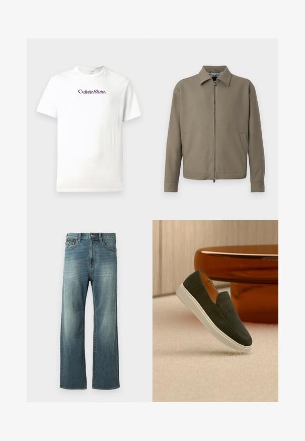 Khaki zip-up bunda s golierom, vyrobená z hladkej tkaniny. Má bočné vrecká a elegantný, minimalistický dizajn.; Biely bavlnený tričko s okrúhlym výstrihom, krátkymi rukávmi a fialovým logom "Calvin Klein" potlačeným na hrudi.; Svetlomodré džínsy so strait leg strihom, s jemným vyblednutím, piatimi vreckami a pútkami na opasok. Obsahujú prešívané detaily a zapínanie na gombík.; Tmavozelená slip-on semišová obuv s bielou podrážkou, vznášajúca sa nad svetlou kobercovou podlahou a oranžovým okrúhlym stolom v pozadí.