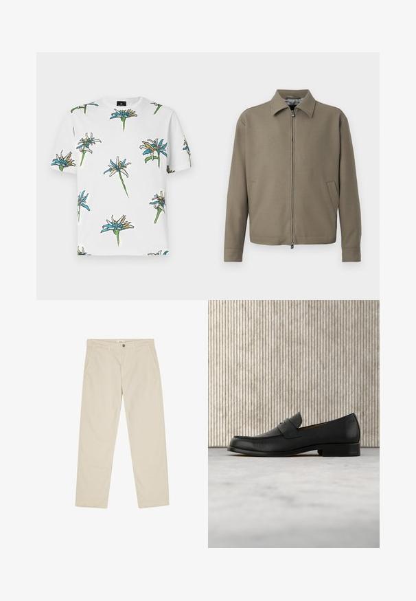 Khaki vetoketjusaakko, jossa on kaulus, valmistettu sileästä kankaasta. Varustettu sivutaskuilla ja puhtaalla, minimalistisella muotoilulla.; Valkoinen lyhythihainen t-paita, jossa on toistuva kukkakuosi sinisen, keltaisen ja vihreän sävyissä, mustilla ääriviivoilla, valmistettu kevyestä kankaasta.; Beiget suoralahkeiset housut, joissa on napit ja vetoketju, vyölenkit ja etuosassa sivutaskut.; Musta nahkainen loaferi leijuu beigeä mattoa vasten, taustalla kiiltävä ruskea pyöreä pöytä.