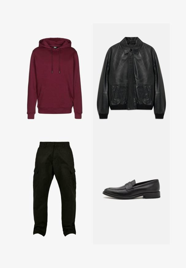 Veste en cuir noir avec poches avant, poignets et taille côtelés, dotée d'un col pointu et d'une fermeture frontale dissimulée.; Sweatshirt à capuche bordeaux avec une poche avant, des cordons de serrage et des poignets côtelés. Fabriqué en tissu doux avec une texture lisse.; Pantalons cargo en coton noir avec une coupe décontractée, dotés de poches latérales, de passants de ceinture et de jambes droites. Tissu texturé et couture renforcée.; Mocassin en cuir noir avec une finition lisse, une sangle décorative sur le dessus, un bout rond et un petit talon empilé.