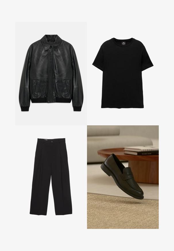 Sort lærjakke med frontlommer, ribbede manchetter og talje, der har en spidse krave og skjult frontlukning.; Sort T-shirt med korte ærmer og rund halsudskæring med Pull&Bear mærke indeni kraven, lagt fladt på hvid baggrund.; Sorte bukser med bred benvidde lavet af glat stof, med flad talje, frontfolder og en enkelt knaplukning.; Sort læderloafer vist i luften over en beige vævet tæppe, med et træbord og stablede bøger i et blødt oplyst stue.