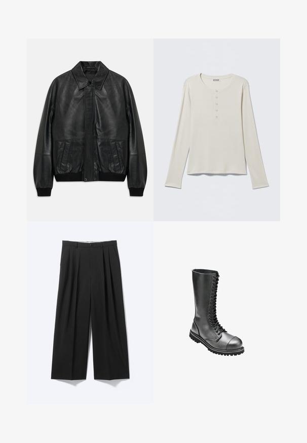 Zwarte leren jas met voortassen, geribde manchetten en tailleband, met een puntige kraag en verborgen sluiting aan de voorkant.; Crèmekleurig henleyshirt met lange mouwen, ronde hals en vijf knopen, met label Weekday, plat gelegd op een neutrale achtergrond.; Zwarte wijde broek met voorplooien, riemlussen en knoopsluiting, weergegeven op een effen lichte achtergrond.; Zwarte leren veterlaarzen met een hoge schacht, ronde neus, gewatteerde kraag en een geprofileerde rubberen zool voor betere grip.