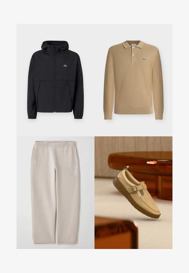 Chaqueta cortaviento negra con cremallera y capucha, puños elásticos, bolsillos laterales y pequeño logo de cocodrilo verde en el pecho.; Polo beige de manga larga con cuello, dos botones blancos, puños y bajo acanalados, y un pequeño logotipo verde de cocodrilo en el pecho.; Pantalones de chándal beige fabricados con tejido suave, que cuentan con una cinturilla ancha, bolsillos laterales y piernas ajustadas para un ajuste relajado.; Zapato beige de cuero sin cordones con correa de hebilla y suela de goma marrón, posicionado en el aire sobre un suelo alfombrado claro y cerca de un mueble translúcido ámbar.