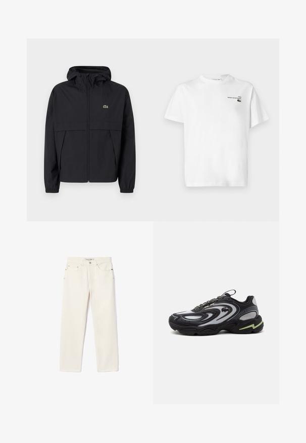 Schwarze Windjacke mit Reißverschluss und Kapuze, elastischen Bündchen, Seitentaschen und kleinem grünen Krokodil-Logo auf der Brust.; Weißes Baumwoll-T-Shirt mit Rundhalsausschnitt, kurzen Ärmeln und einem kleinen schwarzen Logo mit der Aufschrift "PARIS FRENCH SPORTSWEAR". Klassische Passform; glatte Textur.; Cremefarbene Jeans aus Denim mit geradem Bein, ausgestattet mit zwei Fronttaschen, einem Knopfverschluss und subtiler Markenkennzeichnung nahe dem Bund.; Schwarzer und grauer Lacoste Storm 2K Sneaker mit Wellenmustern, Schnürdesign und einer dicken Sohle mit hellgrünem Akzent.