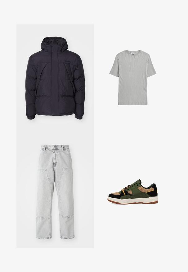 Doudoune noire avec capuche, à la texture légèrement brillante, au design matelassé et avec des boutons sur le devant. Logo Timberland sur la poitrine.; Pull en maille côtelée gris clair à manches courtes, col rond et fines lignes verticales, étiquette Antony Morato.; Pantalons en denim gris clair à coupe ample, avec de grandes poches latérales, des coutures visibles et un design à jambe droite. Passants de ceinture à la taille.; Chaussure de sport verte et noire avec des accents en maille, dotée de lacets, d'un design élégant et d'une semelle blanche et gomme, vue de côté.