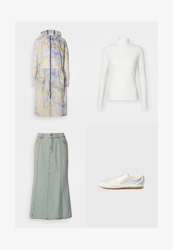 Vandafvisende frakke i et beige, blåt og grønt kontur mønster. Har en hætte, justerbart liv, front lynlås og sidelommer.; Hvid ribbet turtleneck blouse med lange ærmer, lavet af elastisk stof. Har et tætsiddende design og høj hals for god dækning.; Lys blå denim midi-nederdel med frontknap, lynlås lukning, bæltestropper og lodrette søm-detaljer.; Sølvfarvede syntetiske sneakers med cremefarvede detaljer, lav profil, rundet snude og flad gummisål; har klassiske syninger og snørelukning.