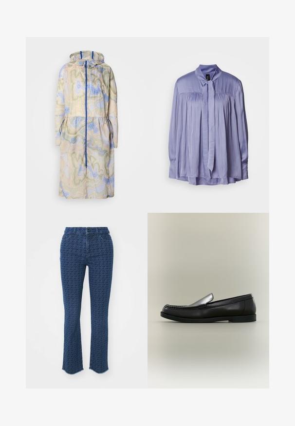 Wasserabweisender Mantel in einem beige, blauen und grünen Konturmuster. Verfügt über eine Kapuze, einen Kordelzug in der Taille, einen Frontreißverschluss und seitliche Taschen.; Helle lavendelfarbene Bluse aus glattem, seidigem Stoff. Merkmale einen gebundenen Schleifenkragen und ein plissiertes Design. Lange Ärmel mit gerafften Bündchen.; Dunkelblaue Jeans mit einem wiederholten kreisförmigen Muster, geradem Beinschnitt, ausgefransten Säumen und traditionellem Fünf-Taschen-Design, mit einem Knopfverschluss vorne.; Schwarzer Lederloafer mit Mokassinnaht, kleinem Absatz und Schlupf-Design vor neutralem Hintergrund.
