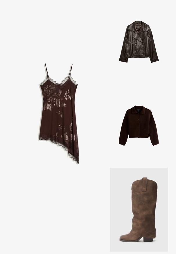 Veste en cuir coupée de couleur brun foncé avec larges revers, fermeture croisée à boutons, et poignets à boutons, étalée à plat sur fond blanc.; Cardigan tricoté marron foncé avec des manches longues, des boutons sur le devant, deux poches avant et un col pointu.; Robe nuisette en soie brun foncé avec imprimé floral métallique, bordure en dentelle, fines bretelles et ourlet asymétrique sur fond blanc.; Bottes synthétiques marron montantes avec un bout arrondi et un talon bloc, présentant une finition lisse et un tirant en haut.