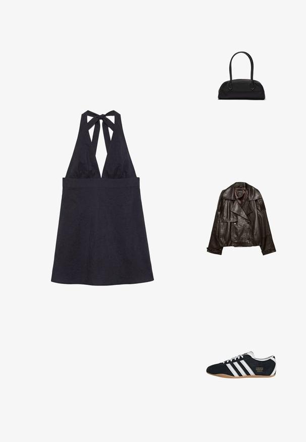Veste en cuir coupée de couleur brun foncé avec larges revers, fermeture croisée à boutons, et poignets à boutons, étalée à plat sur fond blanc.; Robe noire sans manches avec col halter en V profond et nouée dans le dos, longueur genou et ajustée à la taille.; Sneakers en suede noir avec trois bandes blanches, logo doré et semelle en caoutchouc marron. Présente un design à lacets à profil bas.; Sac à main en cuir noir avec des poignées longues et arrondies et un corps rectangulaire incurvé, doté d'une fermeture éclair supérieure.