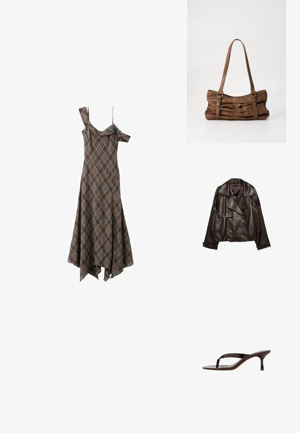 Veste en cuir coupée de couleur brun foncé avec larges revers, fermeture croisée à boutons, et poignets à boutons, étalée à plat sur fond blanc.; Robe asymétrique à carreaux marron et noir avec une manche tombante et une bretelle, ourlet en mouchoir évasé, suspendue à un cordon fin.; Sandale à talon en cuir verni noir avec bride entre les orteils et un talon petit kitten élancé de hauteur moyenne, vue de côté sur fond blanc.; Even&Odd Sac à main - brown