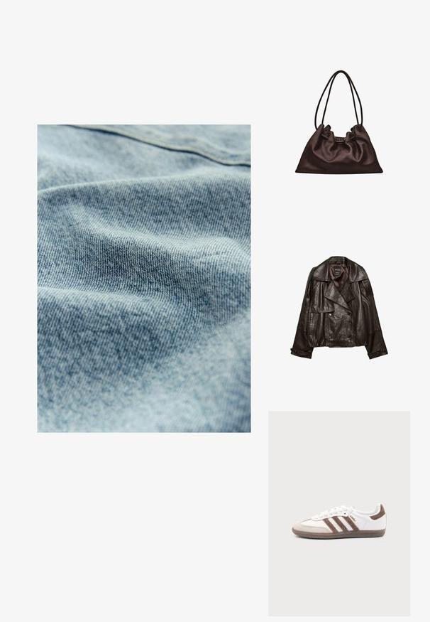 Veste en cuir coupée de couleur brun foncé avec larges revers, fermeture croisée à boutons, et poignets à boutons, étalée à plat sur fond blanc.; Tissu en denim bleu clair avec une texture subtile et un motif de tissage visible, montrant de légères variations de couleur et de douceur.; Baskets Adidas Samba blanches avec des bandes en daim marron, semelle en caoutchouc marron et bout en daim beige, vues du côté extérieur sur un fond uni.; Sac à main en cuir brun foncé souple avec une forme flasque et deux fines bretelles sur fond blanc.