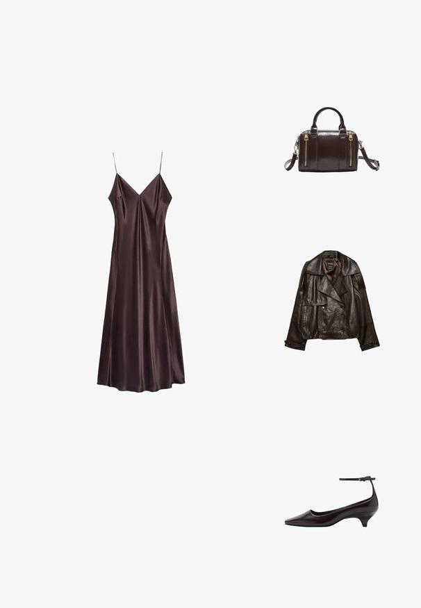Veste en cuir coupée de couleur brun foncé avec larges revers, fermeture croisée à boutons, et poignets à boutons, étalée à plat sur fond blanc.; Robe slip en satin couleur chocolat, avec un décolleté en V, des bretelles fines et un ourlet fluide qui tombe au milieu du mollet. Texture lisse et design minimaliste.; Chaussure à talon aiguille en cuir brun foncé, à bout pointu, avec une fine bride de cheville et une petite boucle dorée.; Sac à main en cuir marron foncé avec deux zips dorés à l'avant, deux poignées et une bandoulière amovible.
