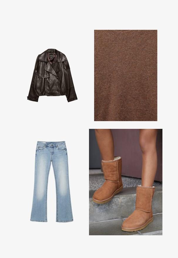 Veste en cuir coupée de couleur brun foncé avec larges revers, fermeture croisée à boutons, et poignets à boutons, étalée à plat sur fond blanc.; Pull marron en laine tricotée avec encolure ras du cou côtelée et tissu à texture douce.; Jean en denim bleu clair à jambes évasées, style cinq poches, fermeture par bouton, avec des détails légèrement délavés sur les cuisses.; Bottines en suede marron, à bout rond, avec une doublure douce et une semelle en caoutchouc, présentant des détails de couture visibles le long des coutures.